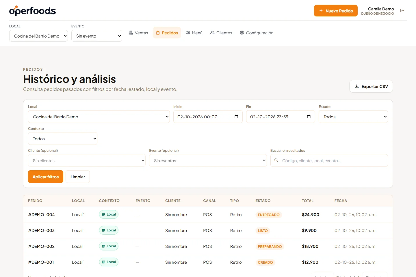 Operfoods con pedidos ficticios en estados creado, preparando, listo y entregado