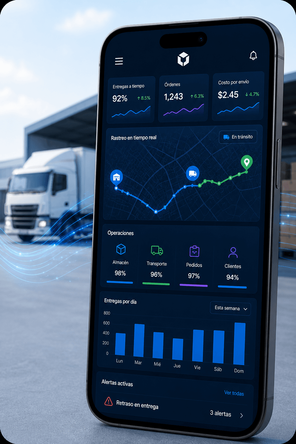 App móvil con panel logístico: mapa en tiempo real, KPIs y alertas