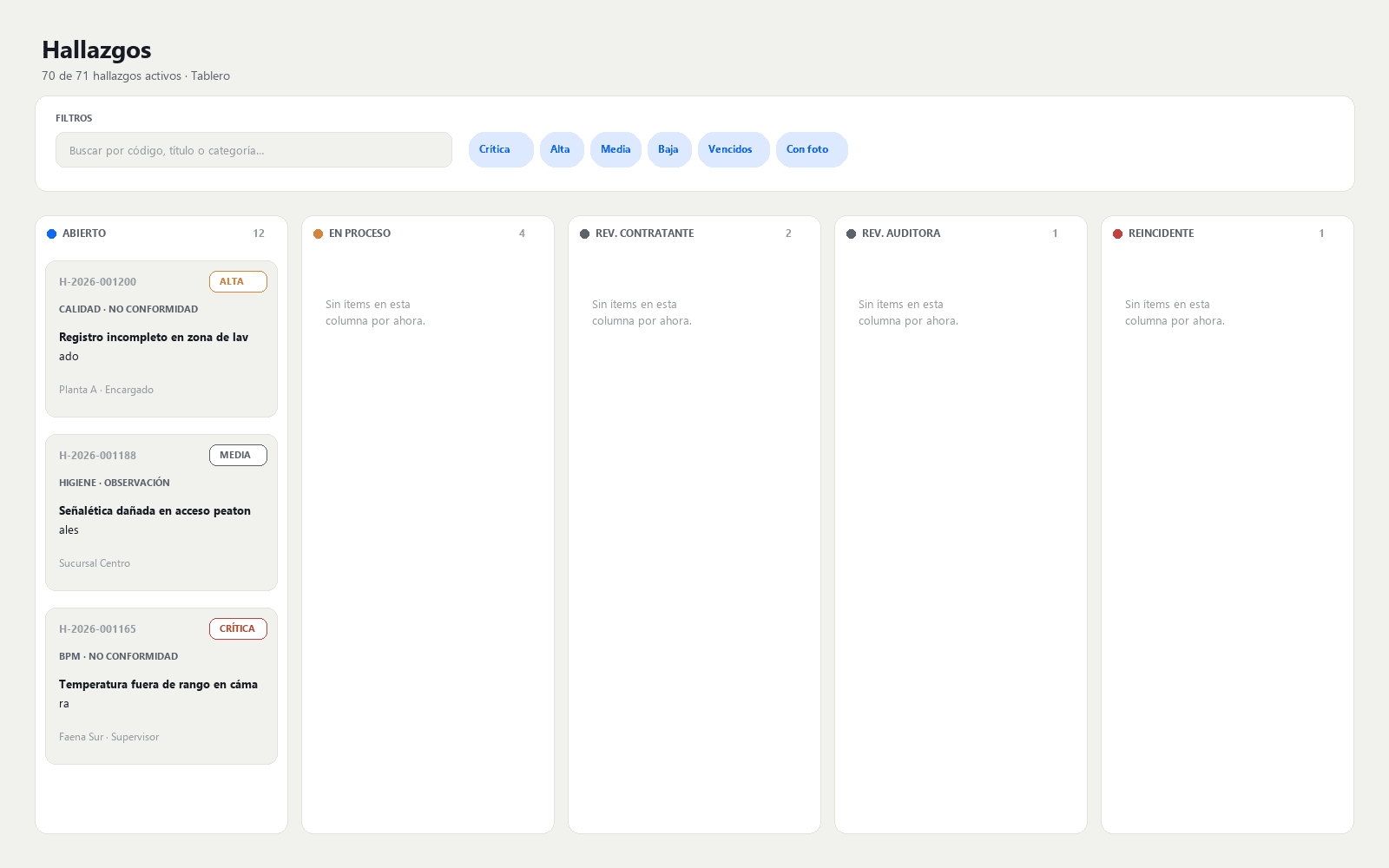 Tablero Kanban de hallazgos