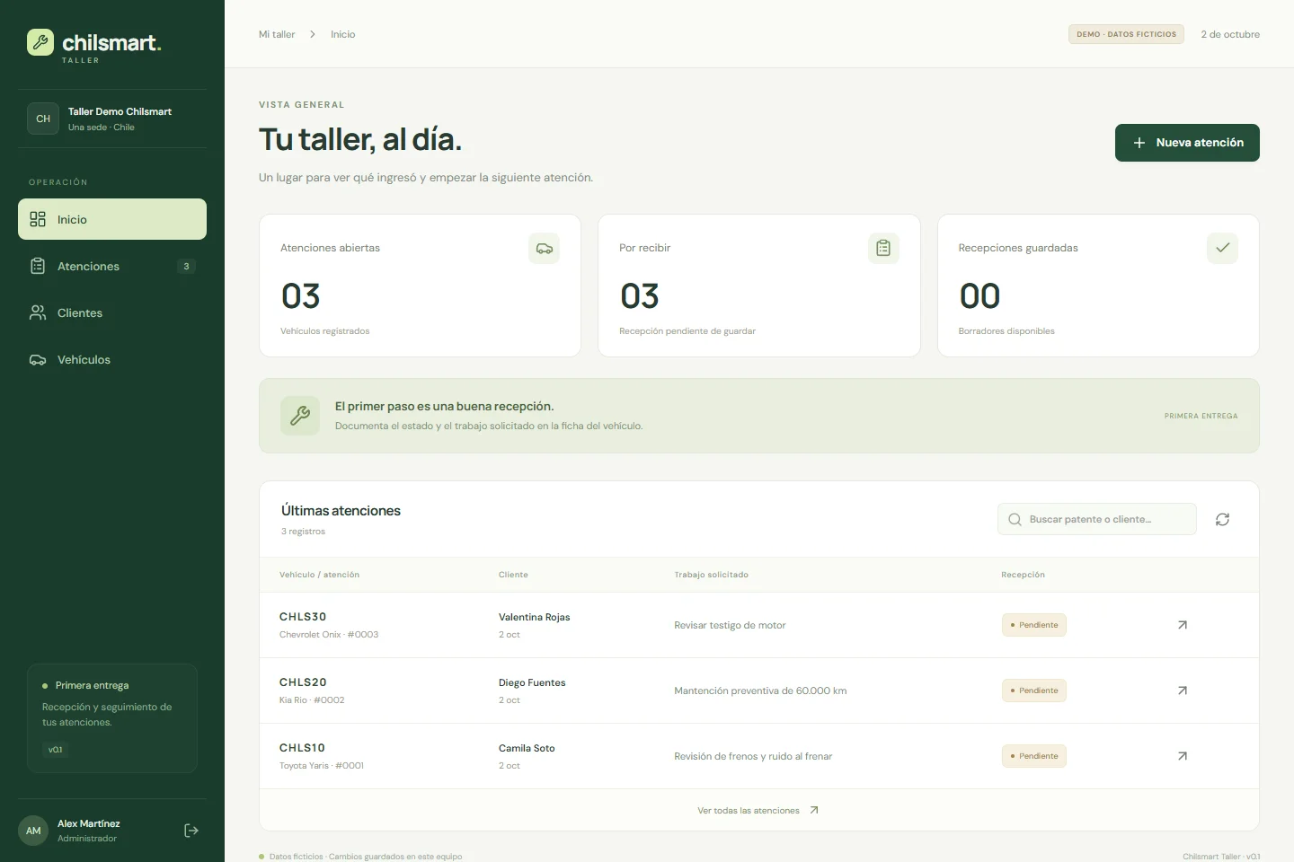 Chilsmart Taller: listado de vehículos y atenciones de ejemplo