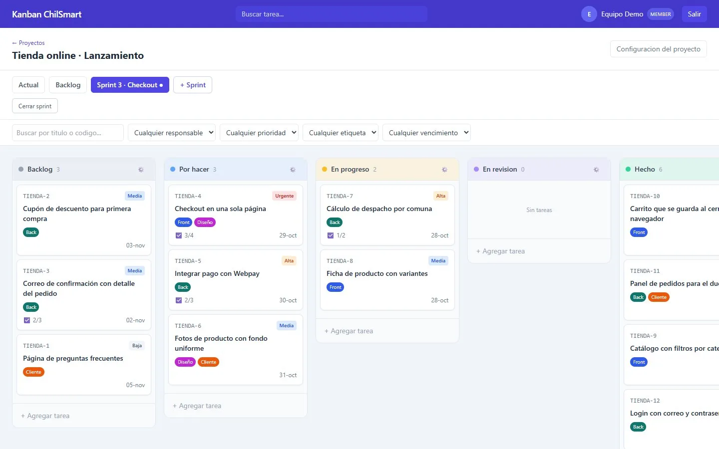 Kanban Chilsmart · Producto propio